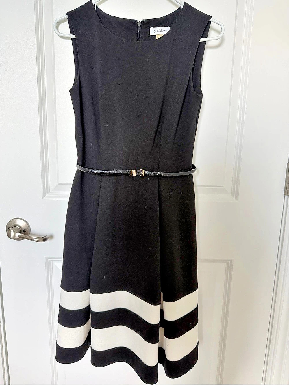 Calvin Klein Sleeveless Striped Hem Fit & Flare Dress Black & White Size 2